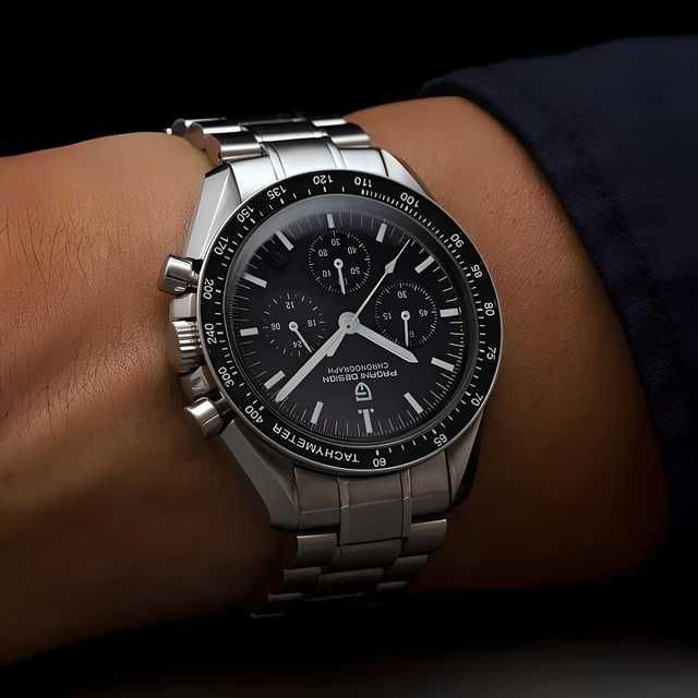 Nextores | Pro-Executive Silver Steel Watch - Black Dial & Tachymeter Bezel