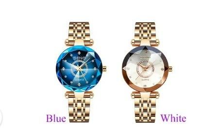 Nextores | Luxury Rose Gold Ladies Watch - Diamond-Cut Crystal Blue Dial