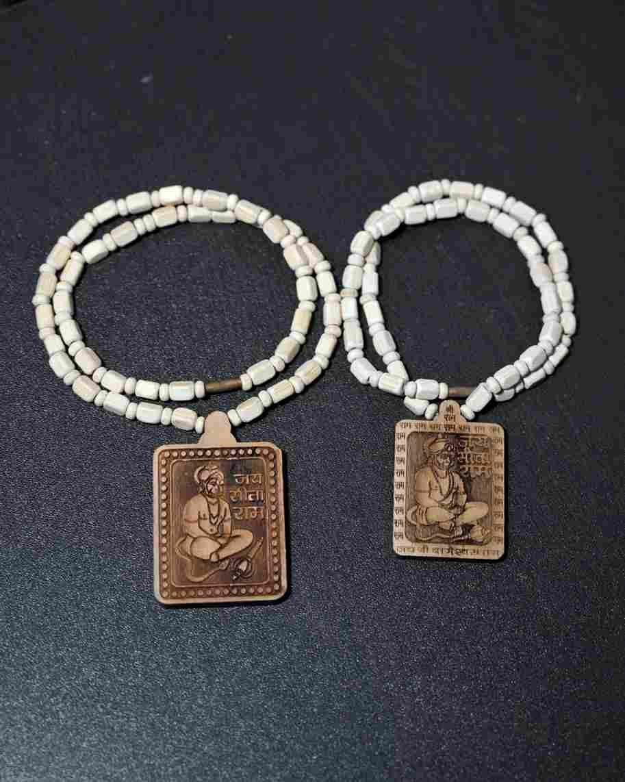 Nextores | Sacred Tulsi Kanthi Mala with Wooden Hanuman Ji Pendant - Handcrafted Devotional Necklace - OM