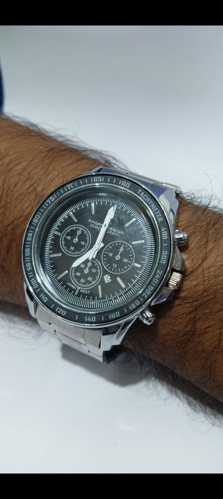 Nextores | Pro-Executive Silver Steel Watch - Black Dial & Tachymeter Bezel