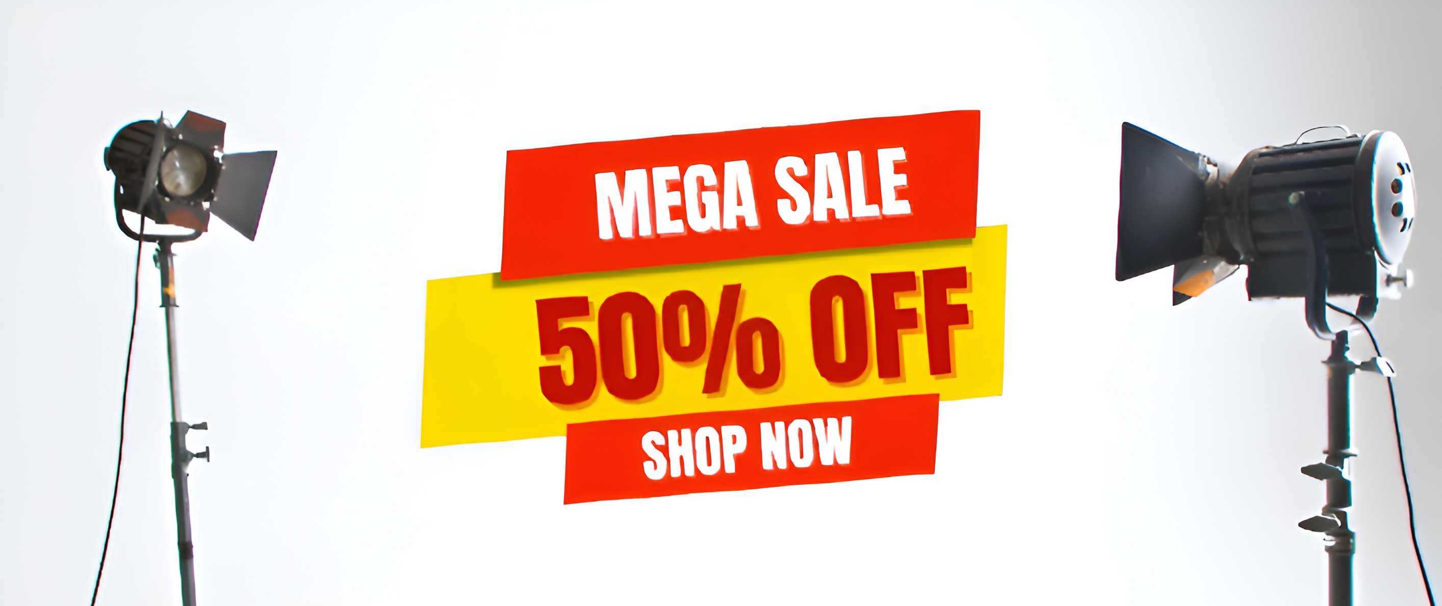 Promotional banner with 'Mega Sale 50% Off Shop Now' text between two studio lights on a white background.