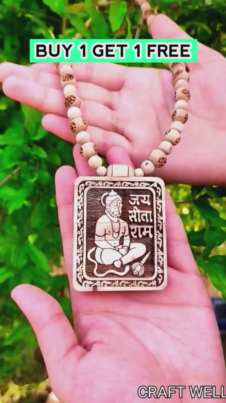 Nextores | Sacred Tulsi Kanthi Mala with Wooden Hanuman Ji Pendant - Handcrafted Devotional Necklace - OM